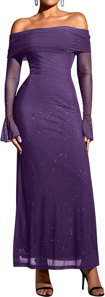 KUTUMAI Women Off Shoulder Bodycon Maxi Dress Long Sleeve Mesh Ruched Party Formal Wedding Guest ... | Amazon (US)