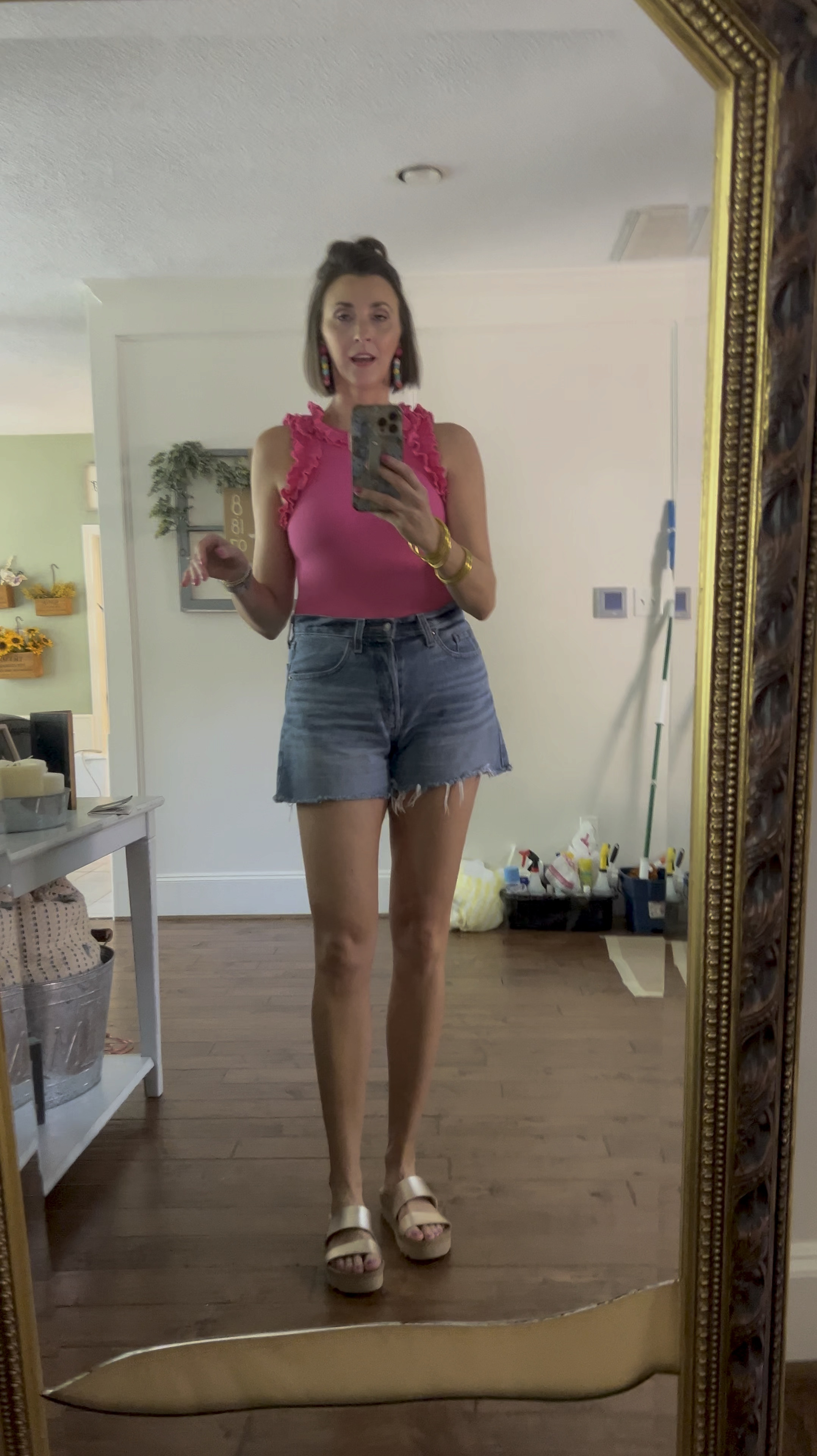 Summer Outfit 
Ootd
Vacation outfit 
Switch for jeans or paper bag waist pants for a teacher outfit or workwear 
Switch for cowgirl boots for a country concert

Bodysuit is ribbed and ruffled, you can wear a regular bra, and in my tts small. As low as $23 when you click the coupon. 

$25 baggy 4 inch inseam and wider leg openings in my tts 4. (White runs small, and I sized up 1). 

Colorful lightweight statement earrings 

Platform shoes that are water resistant and have arch support and a cushioned footbed    

#LTKOver40 #LTKU #LTKBacktoSchool