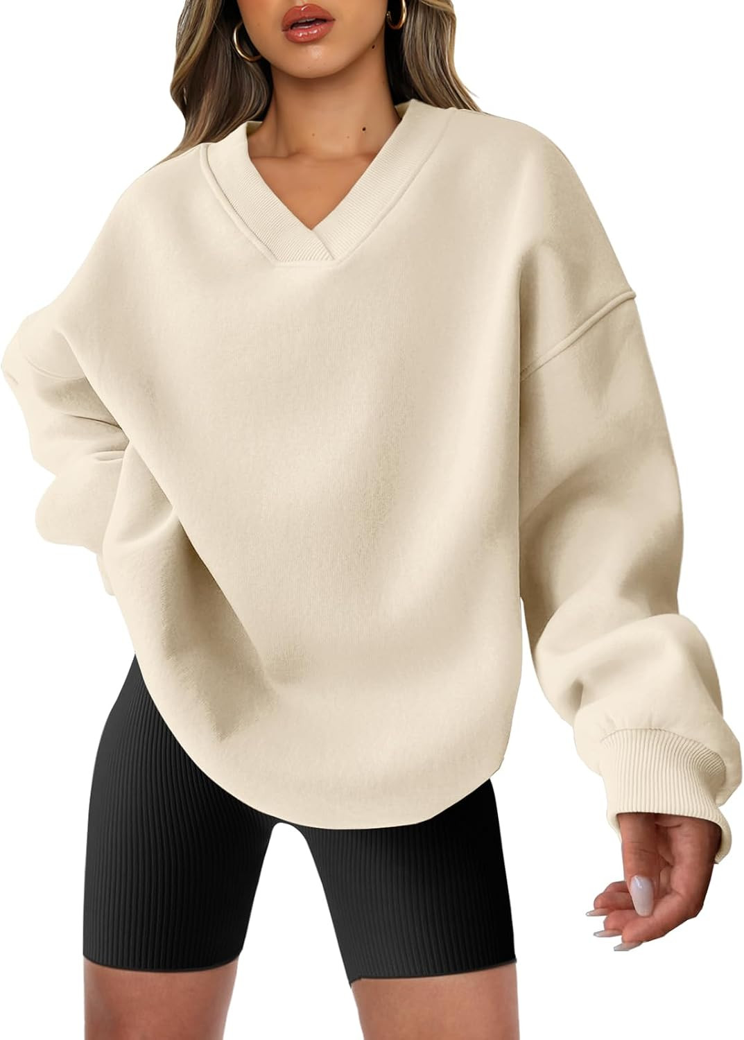ANRABESS Women Oversized V Neck Fleece Fall Sweatshirts | Amazon (US)