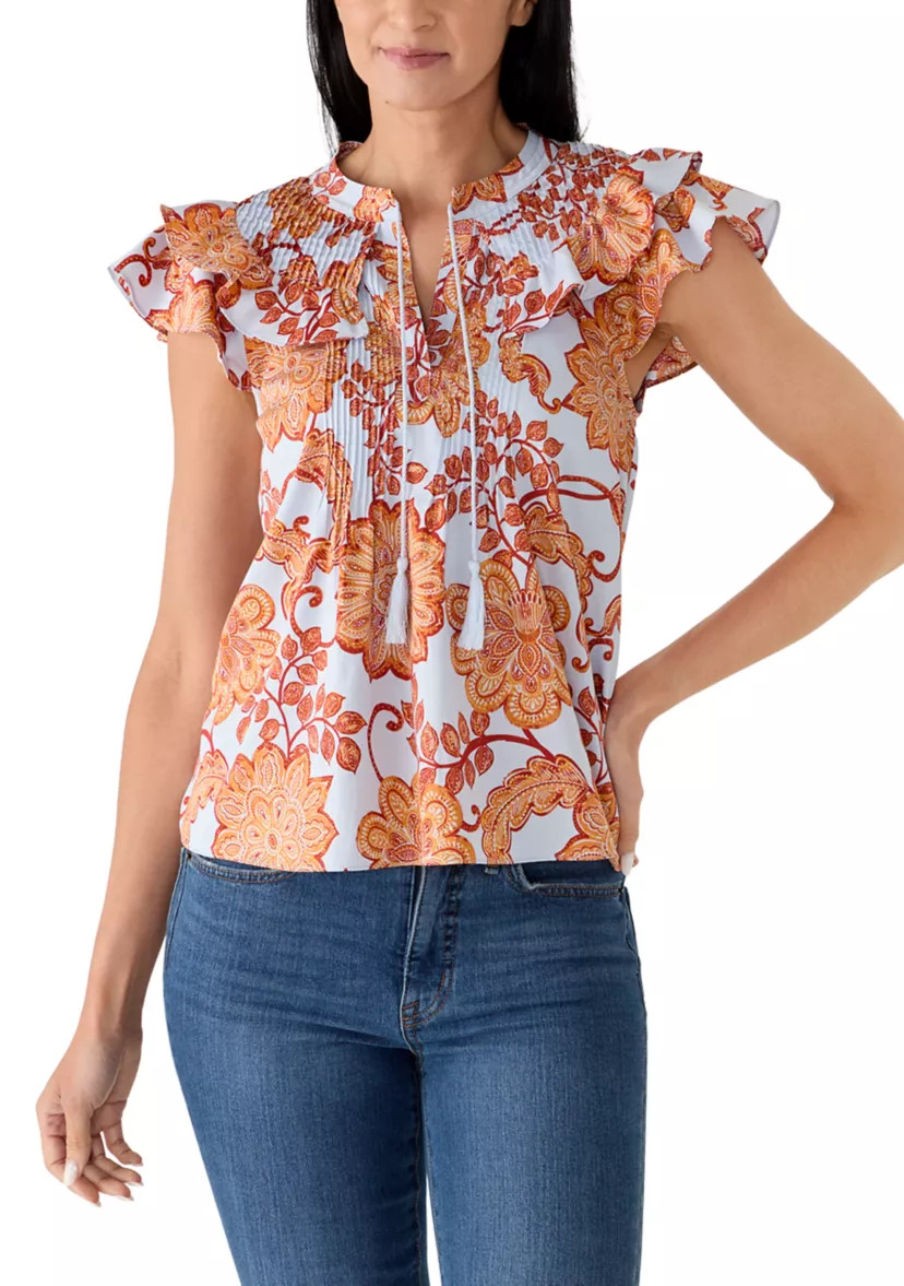 Women's Ruffle Sleeve Floral Split Neck Blouse | Belk
