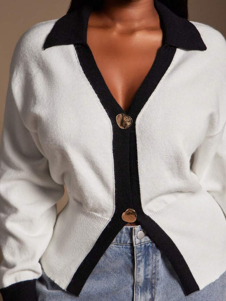 Radiana Plus Size Women's Elegant Minimalist White Cardigan With Black Trim And Gold Button Decoration, Autumn/Winter | SHEIN