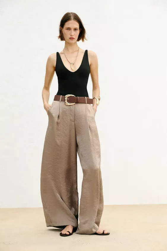 BELTED SATIN WIDE LEG PANTS | Zara US