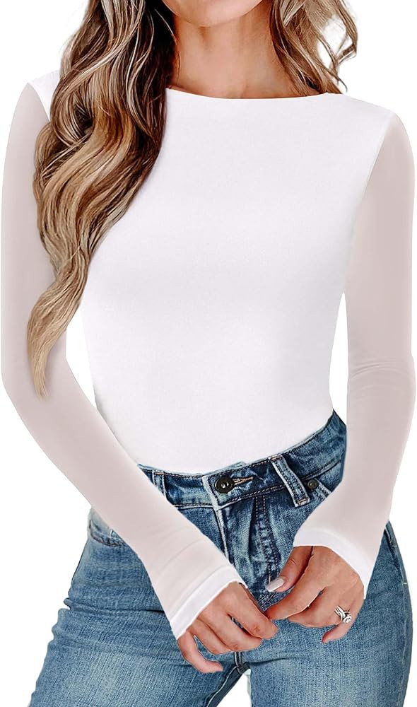 Avidlove Women Long Sleeve Body Suits Mesh Boat Neck Shapewear Bodysuit Crew Neck Leotards Going ... | Amazon (US)