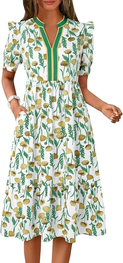 Wenrine Womens Summer Midi Dress Casual Floral Puff Short Sleeve V Neck Swing Flowy Boho Beach Dr... | Amazon (US)