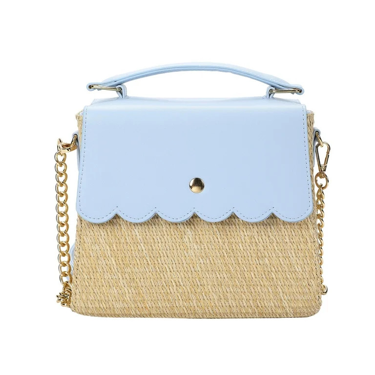 Packed Party Women's Woven Straw Crossbody Bag with Faux Leather Scallop and Chain Strap, Blue | Walmart (US)