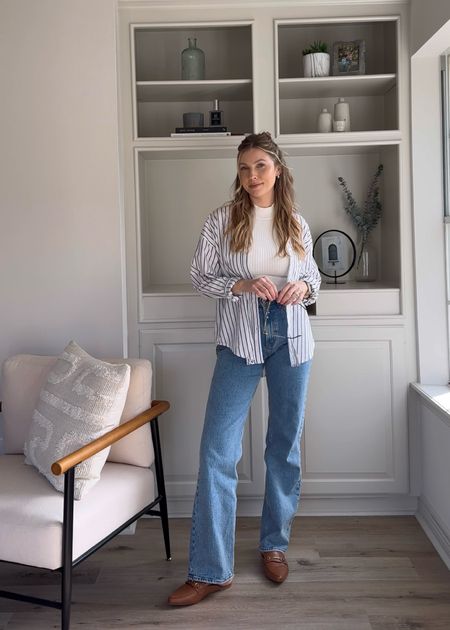Easy spring outfit with a white tank and jeans! Mock neck sweater tank in M, button up in M (linked similar options as well!), jeans in 26L medium wash, loafers size up half.

#LTKSpringSale #LTKstyletip #LTKSeasonal