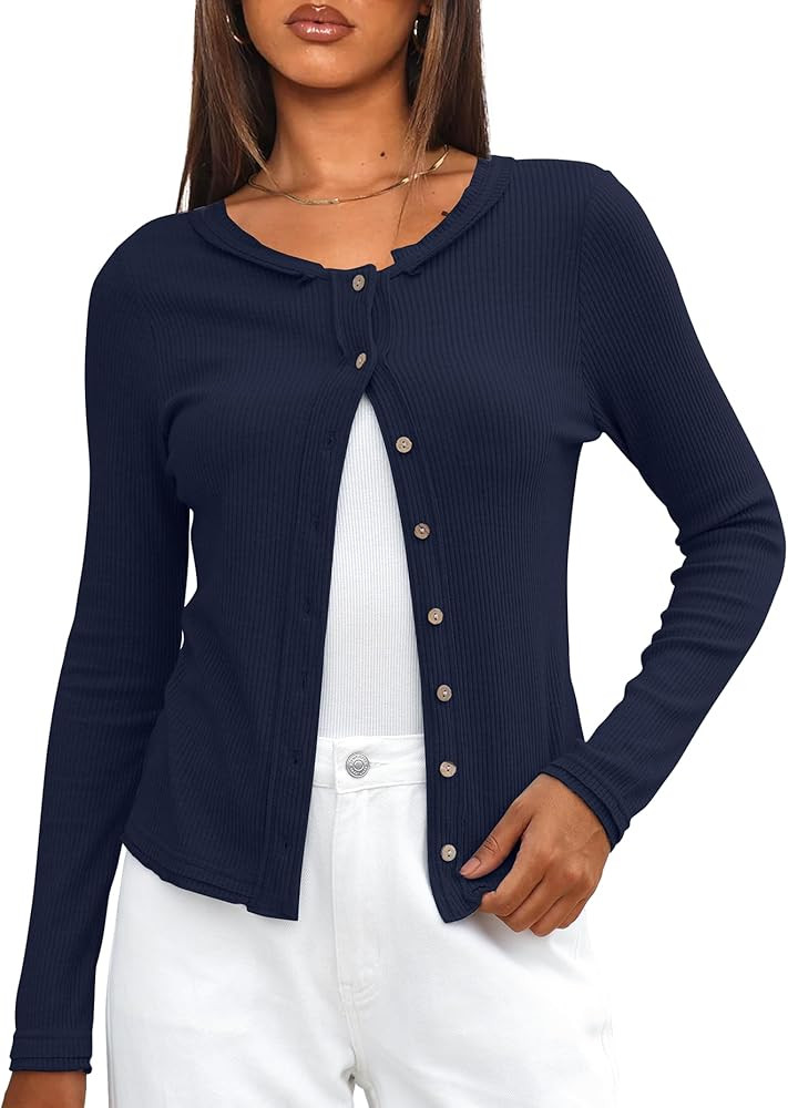 Darong Womens Ribbed Knit Long Sleeve Button Down Slim Fit Top Lightweight Cardigan Shirts Outerw... | Amazon (US)