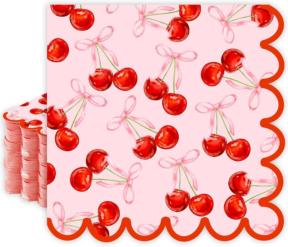 50Pcs Pink Bow Cherry Napkins Cherry Party Decorations Coquette Cute Scalloped Edge Paper Luncheo... | Amazon (US)