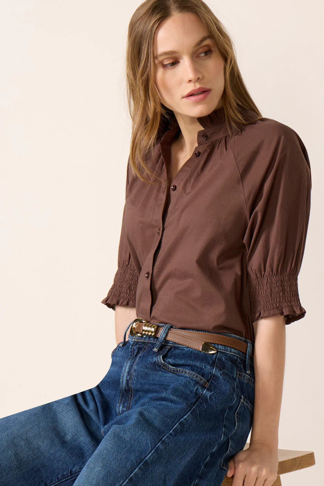 Short Sleeve Ruffle Neck Shirt | Evereve