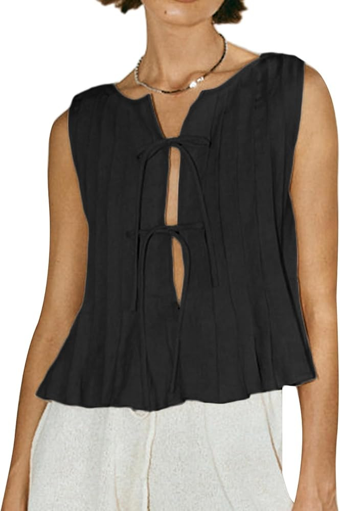 Women Bow Tie Front Tank Top Pleated Ruffle Linen Vest Y2K Babydoll Shirt Coquette Clothes | Amazon (US)