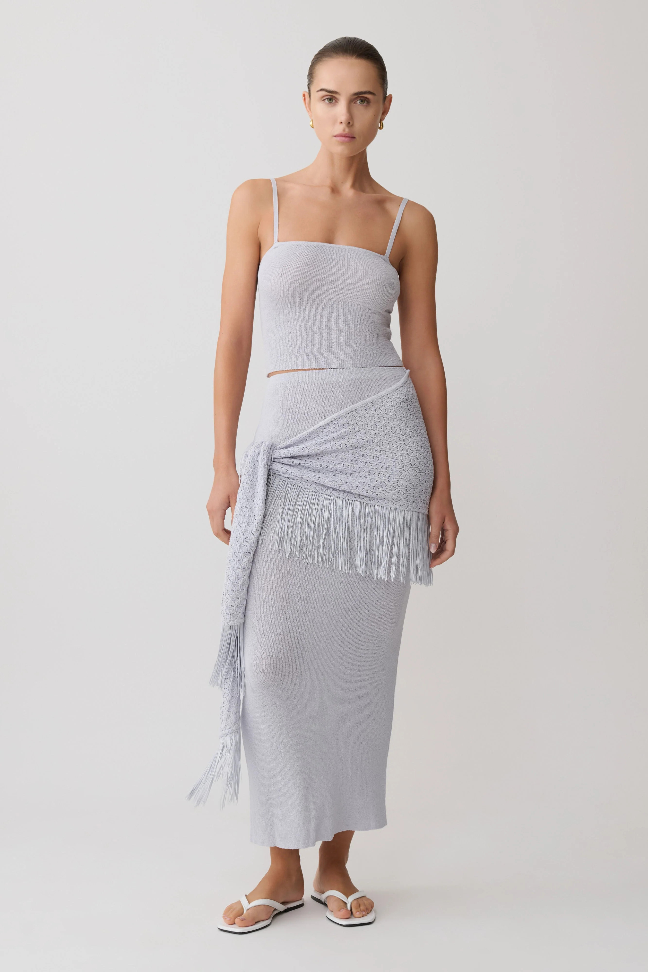 Knit Maxi Skirt With Fringe Tie - Sky Blue | MESHKI US