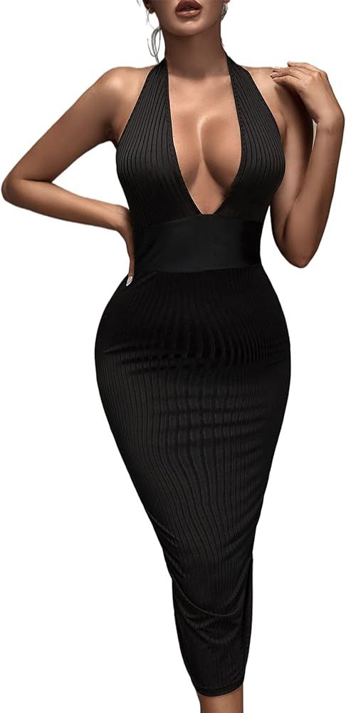 SheIn Women's Sexy V Neck Bodycon Midi Dress Backless Halter Ribbed Knit Dresses | Amazon (US)