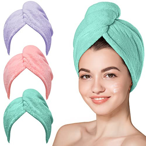Hicober Microfiber Hair Towel, 3 Packs Hair Turbans for Wet Hair, Drying Hair Wrap Towels for Curly Hair Women Anti Frizz (Pink,Purple,Green) | Amazon (US)