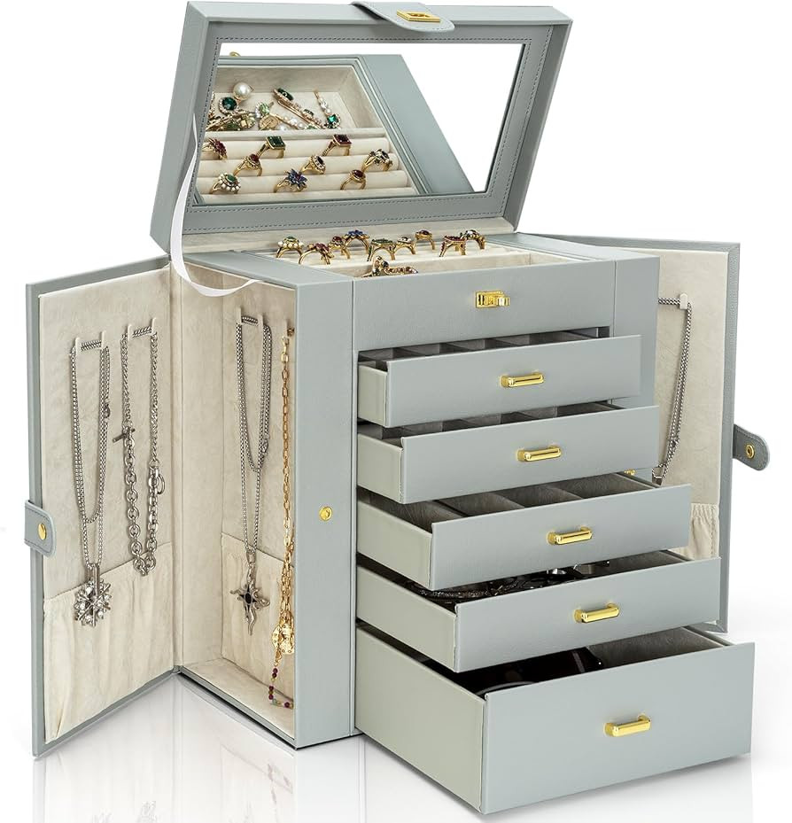 AKOZLIN Extra Large 6-Tier Jewelry Box Organizer Functional Huge, 5 Drawers Leather Jewelry Stora... | Amazon (US)