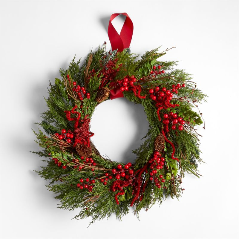 Faux Red Berry and Pine Wreath 24" | Crate and Barrel | Crate & Barrel
