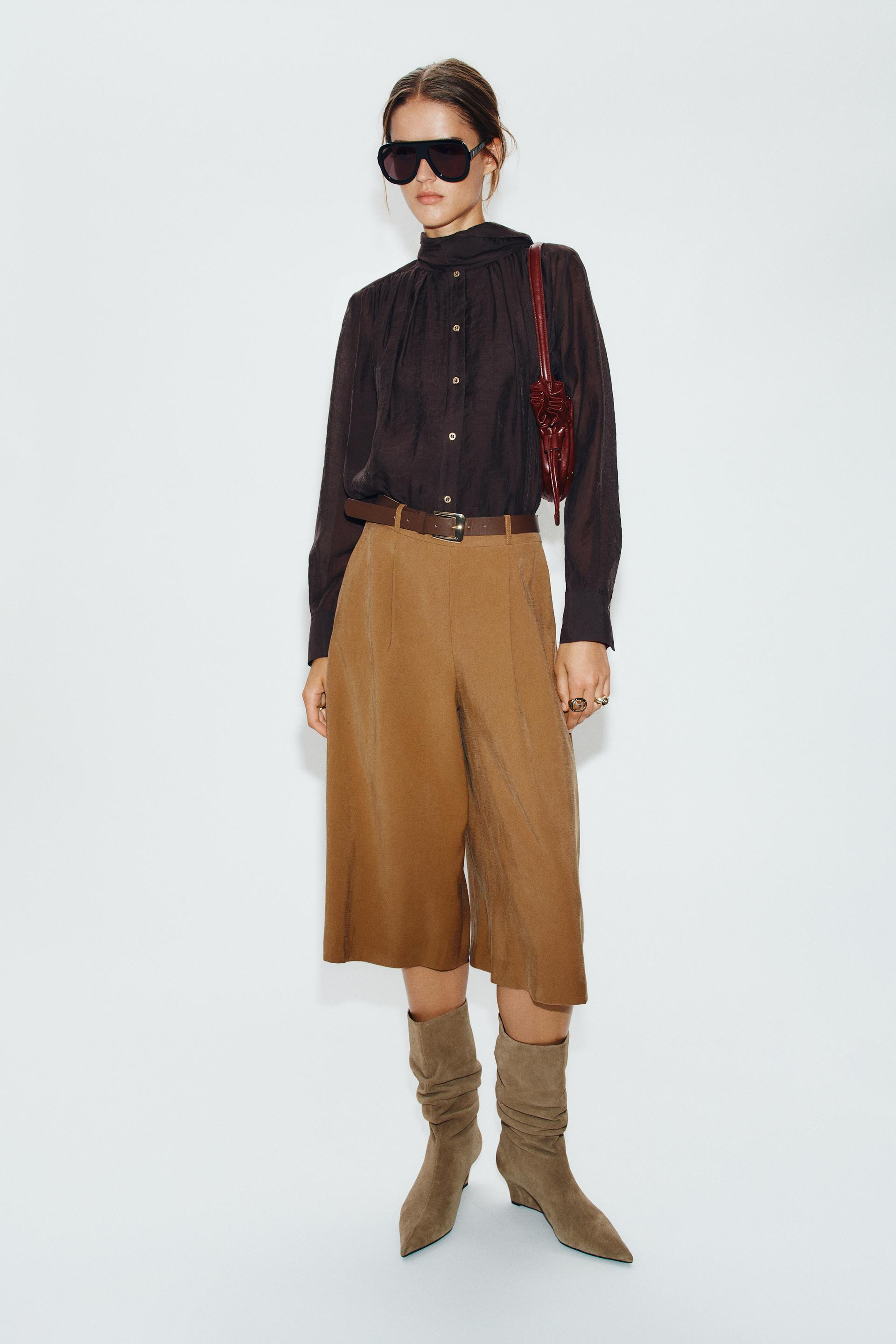 Zara - Scarf Shirt - Brown - Xs - Woman | Zara US