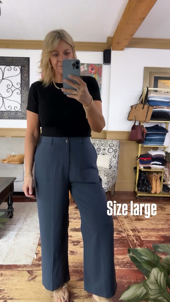 Size large in the elevated tee and line blend pants 

#LTKWorkwear #LTKOver40 #LTKMidsize
