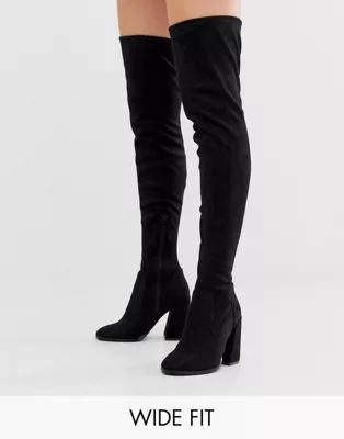 ASOS DESIGN Wide Fit Wide Leg Korey heeled thigh high boots in black | ASOS (Global)