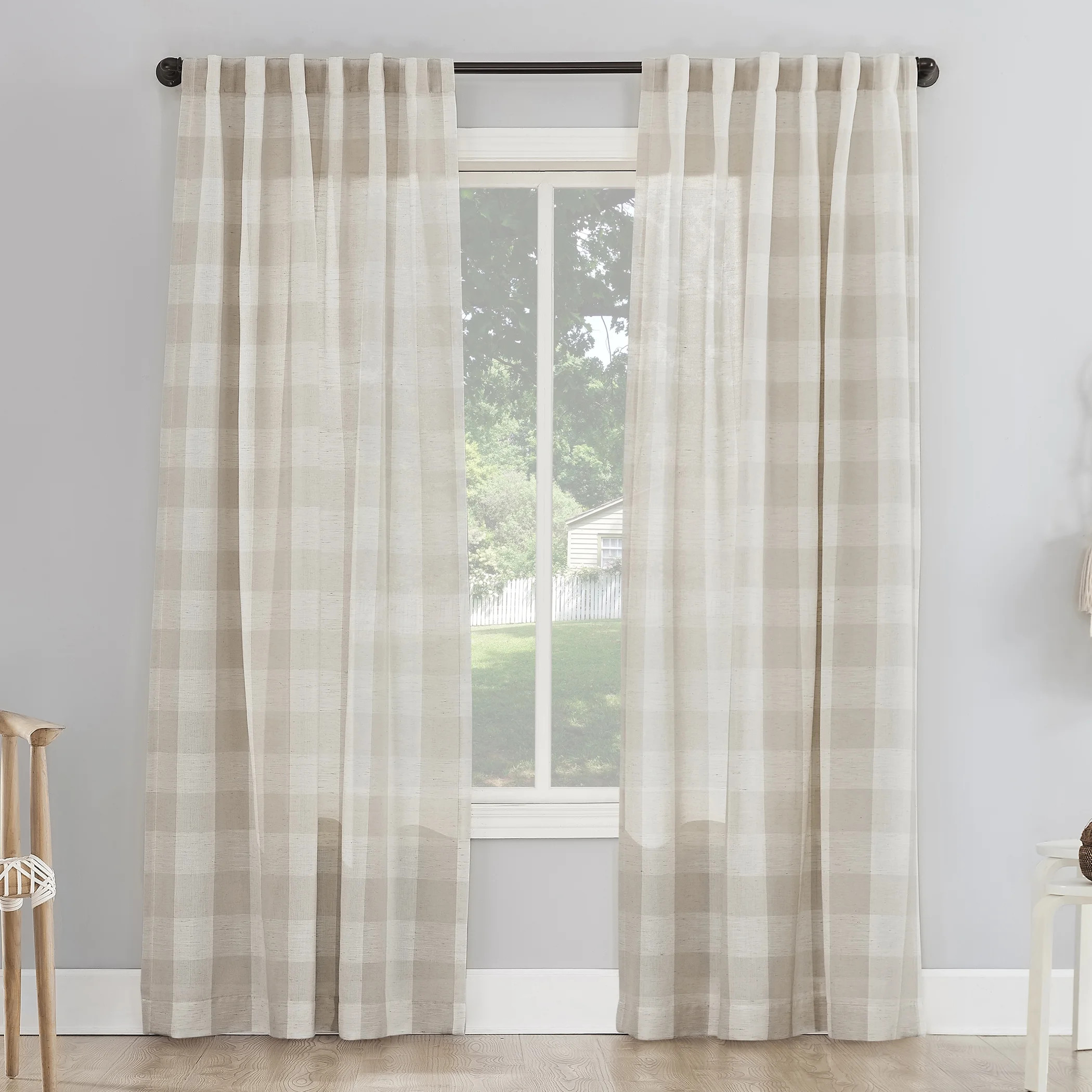Better Homes and Gardens Buffalo Plaid Semi-Sheer Back Tab Curtain Panel, 50" x 96", Beige - Walm... | Walmart (US)