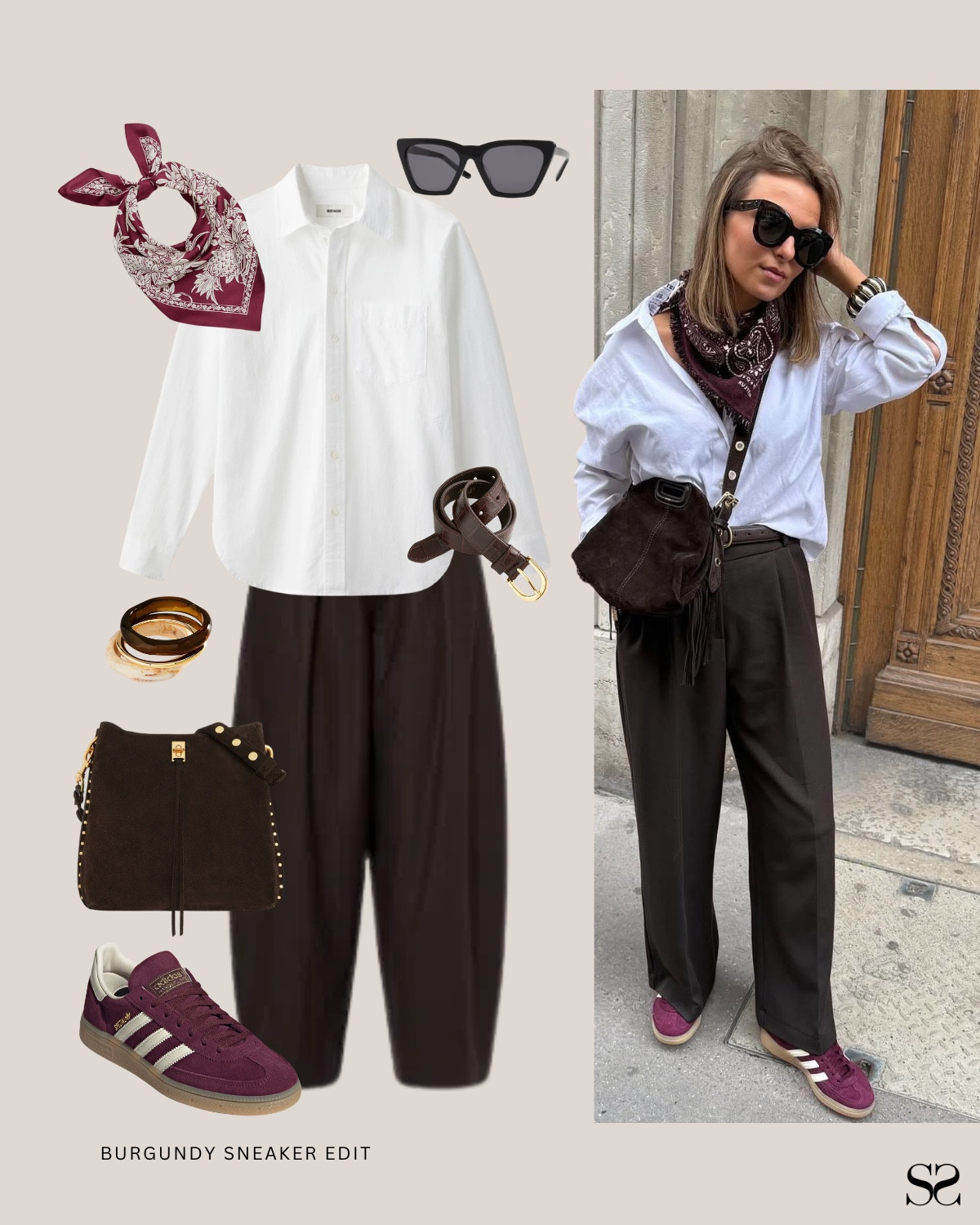 Ways to style burgundy sneakers: echo the color in your accessories. 

White button down, dark barrel trousers, burgundy bandana scarf, Adidas sneakers.

#LTKootd #LTKgrwm