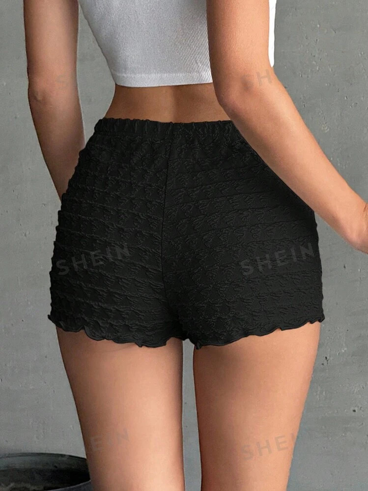 SHEIN EZwear Black Knitted Bubble Satin Bodycon Super Shorts For Women | SHEIN