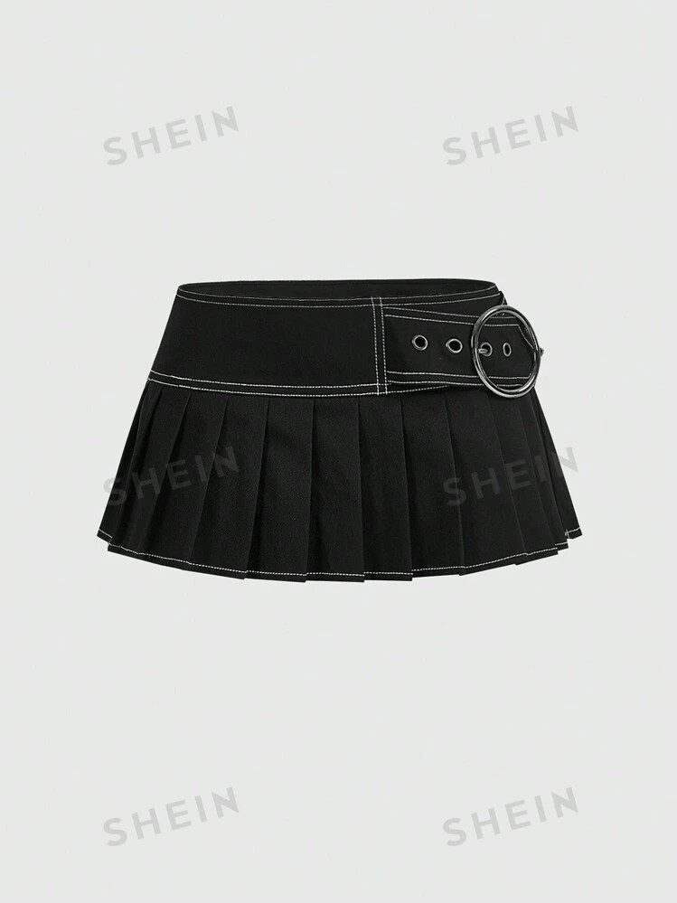 ROMWE PUNK Top-Stitching Buckle Detail Pleated Skirt, School | SHEIN