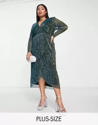 Ever New Curve drape front metallic midi dress in emerald | ASOS (Global)