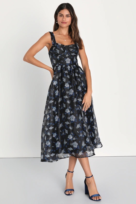Delightful Look Black Floral Print Bustier Midi Skater Dress | Lulus