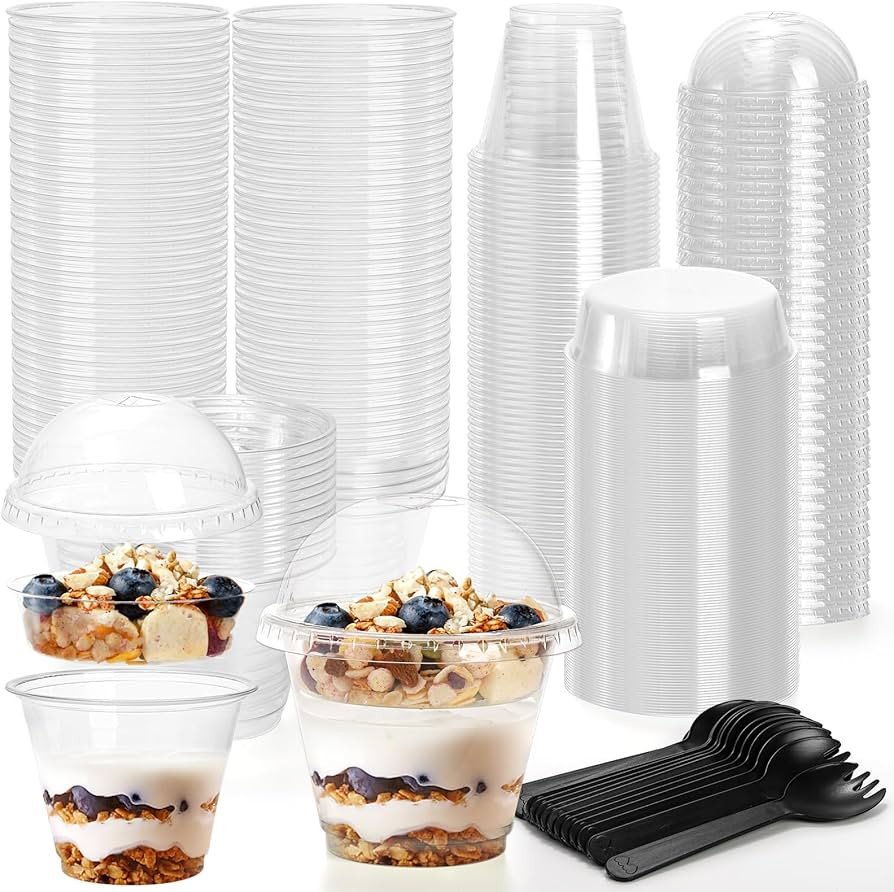 100 Pack Plastic Parfait Cups with Insert & Dome Lids, 9 OZ Clear Yogurt Fruit Parfait Container ... | Amazon (US)