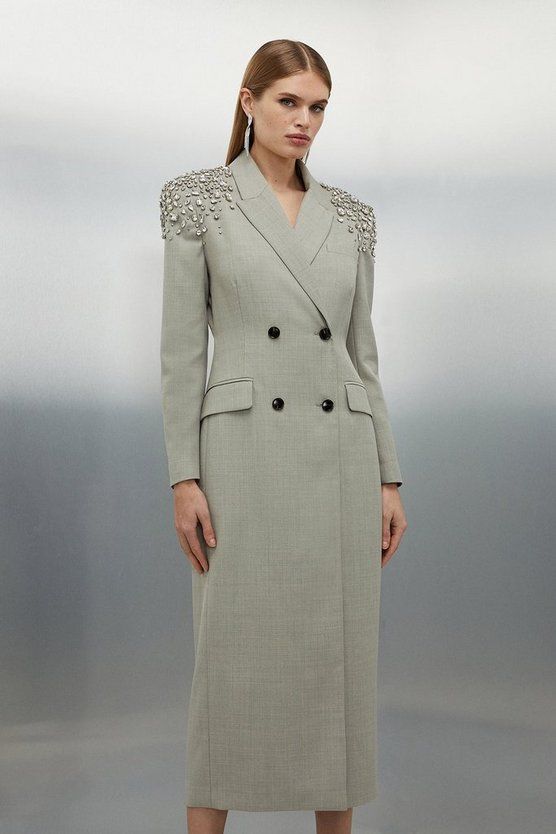 Tailored Wool Blend Embellished Open Back Detail Midi Blazer Dress | Karen Millen US