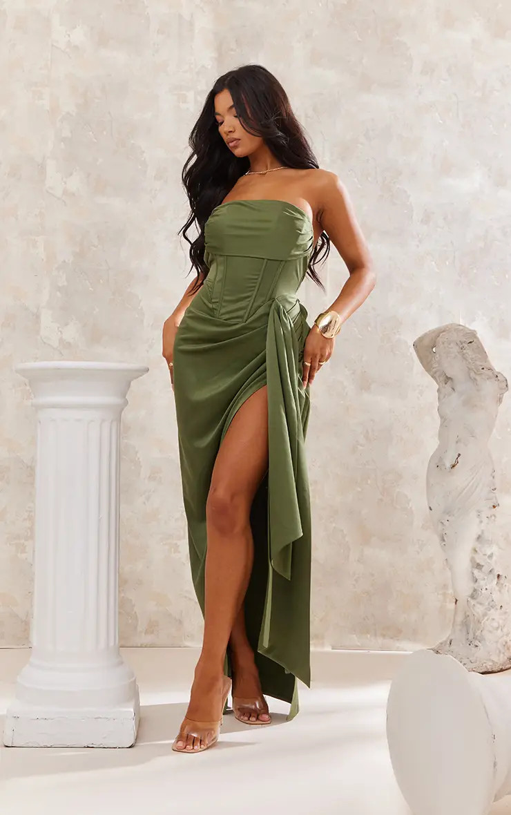 Khaki Satin Draped Bandeau Corset Midaxi Dress | PrettyLittleThing US