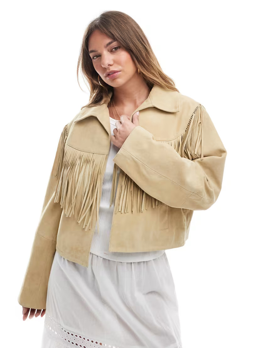 ASOS DESIGN real suede jacket with fringe in buttermilk-Yellow | ASOS (Global)