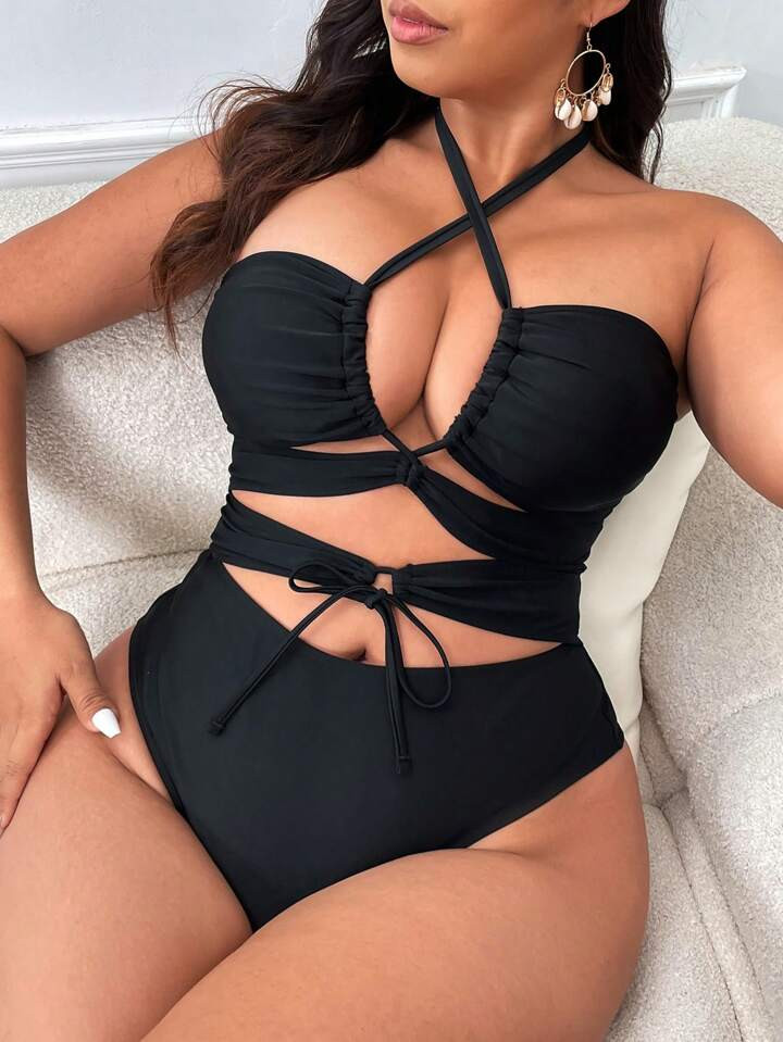 Swim SXY Plus Size Summer Beach Cutout Crisscross Tie Front Halter Neck One-Piece Swimsuit | SHEIN