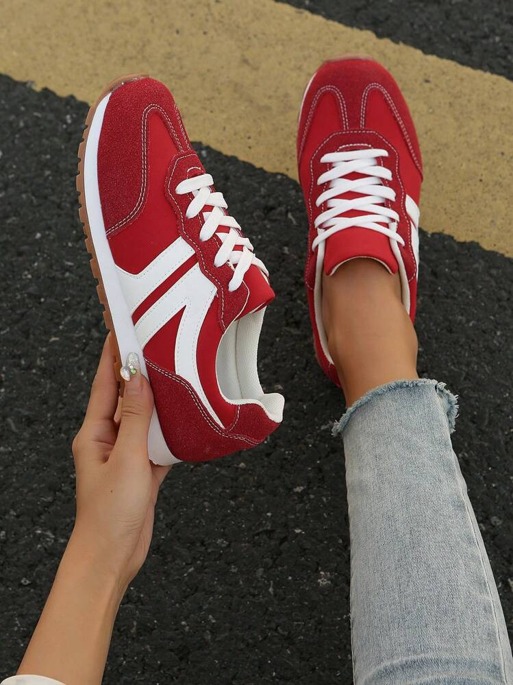 2025 Autumn Women's Suede Patchwork Lace-Up Front Thick-Soled Athletic Sneakers, New Lightweight ... | SHEIN