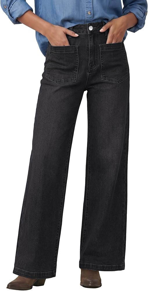 GRAPENT Womens Wide Leg Jeans High Waisted Stretch Denim Pants Patch Pocket | Amazon (US)