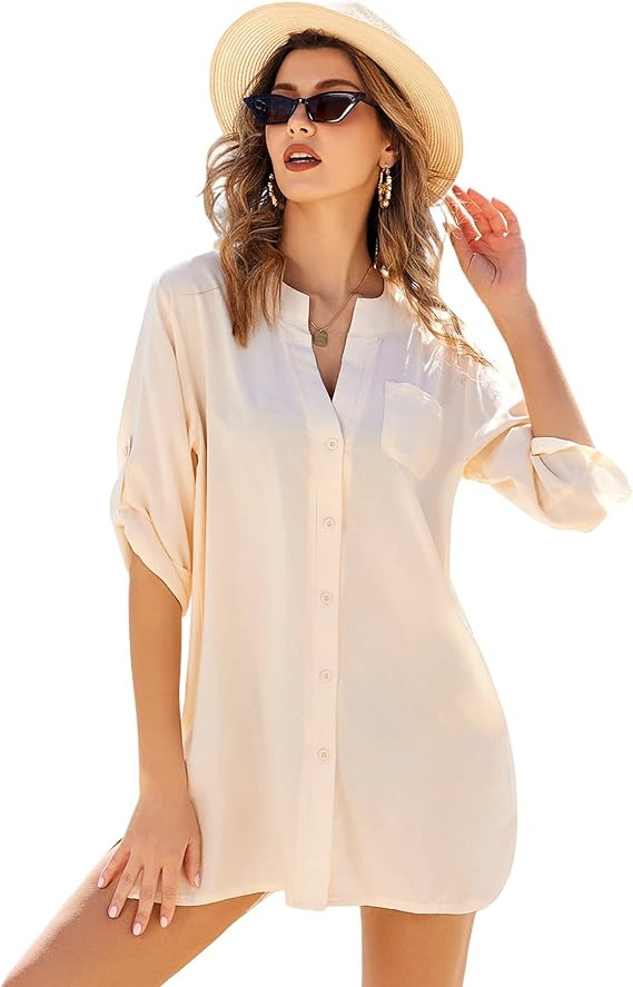 AOLRO Women's Swimsuit Cover Up Shirt Summer Swimwear Cover Ups Boyfriend Button-Down Bikini Beac... | Amazon (US)