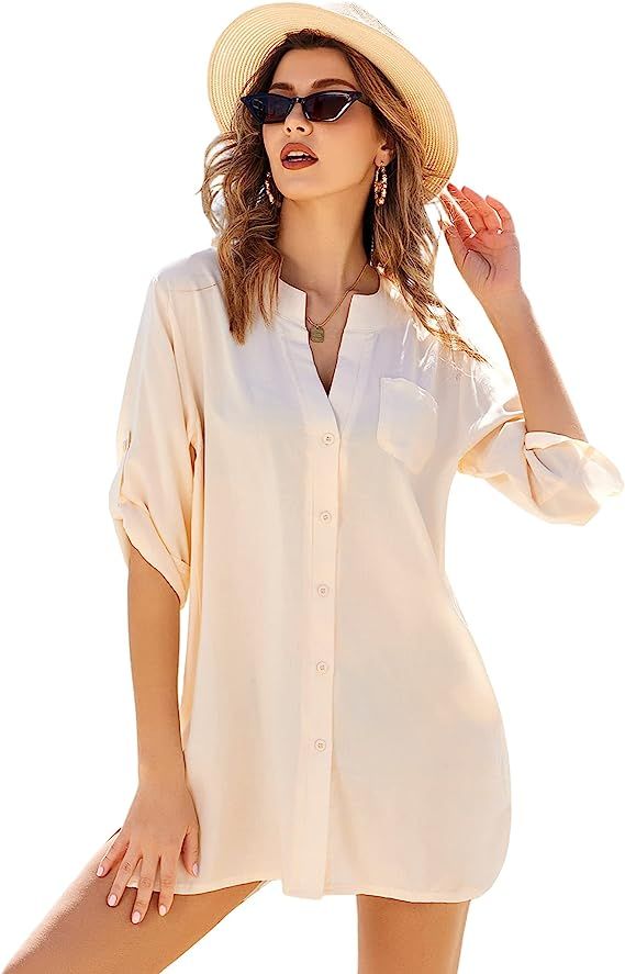 AOLRO Women's Swimsuit Cover Up Shirt Summer Swimwear Cover Ups Boyfriend Button-Down Bikini Beac... | Amazon (US)