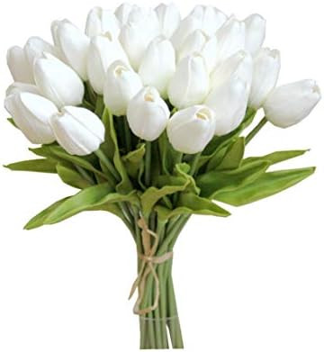 Mandy's 28pcs White Flowers Artificial Tulip Silk Flowers 13.5" for Home Kitchen Wedding Decorations | Amazon (US)