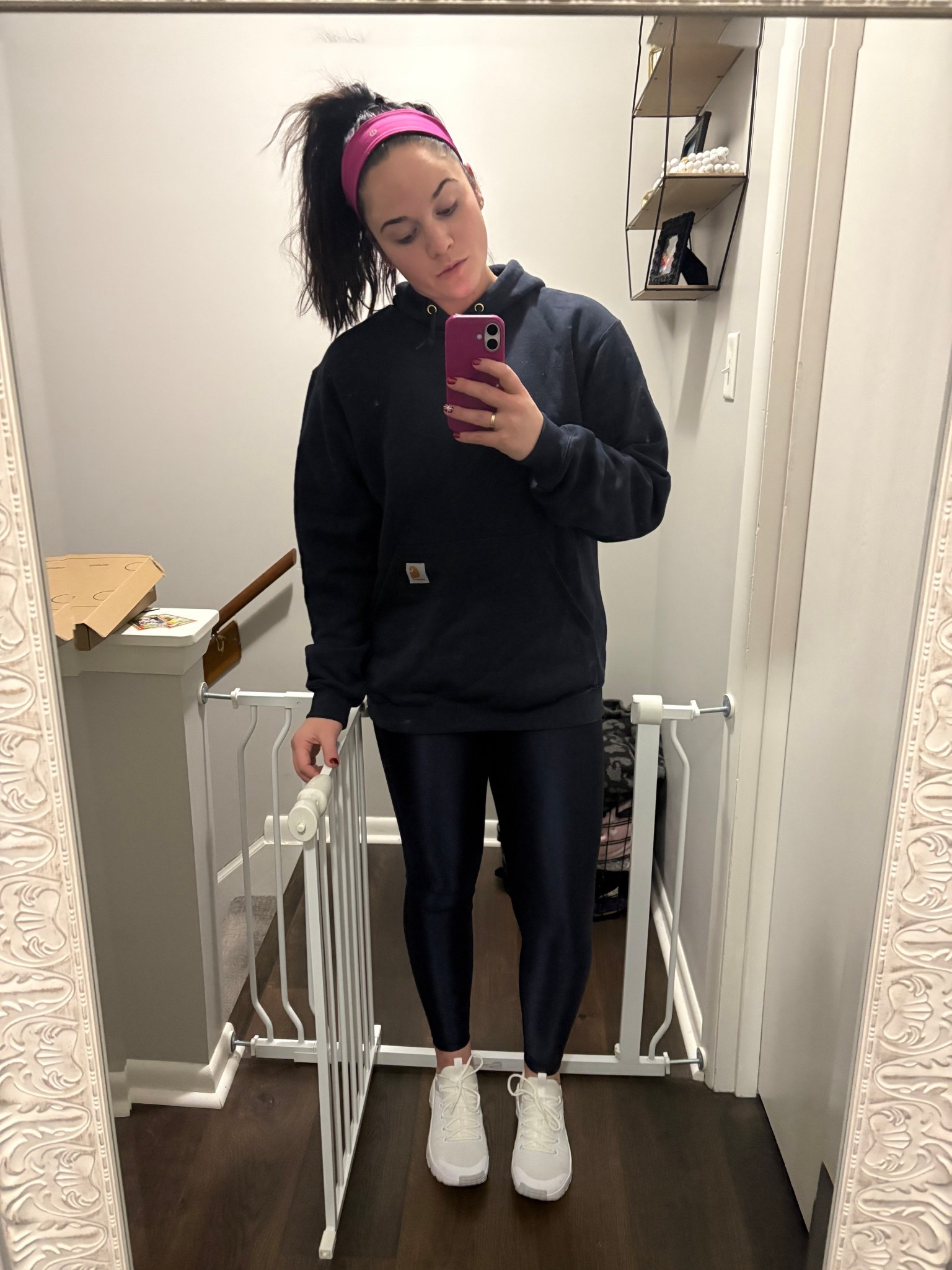 ootd, outfit of the day, casual outfit of the day, carhartt sweatshirt, navy leggings, lululemon headband, white nikes, nike sneakers 

#LTKSeasonal #LTKFindsUnder100 #LTKFindsUnder50