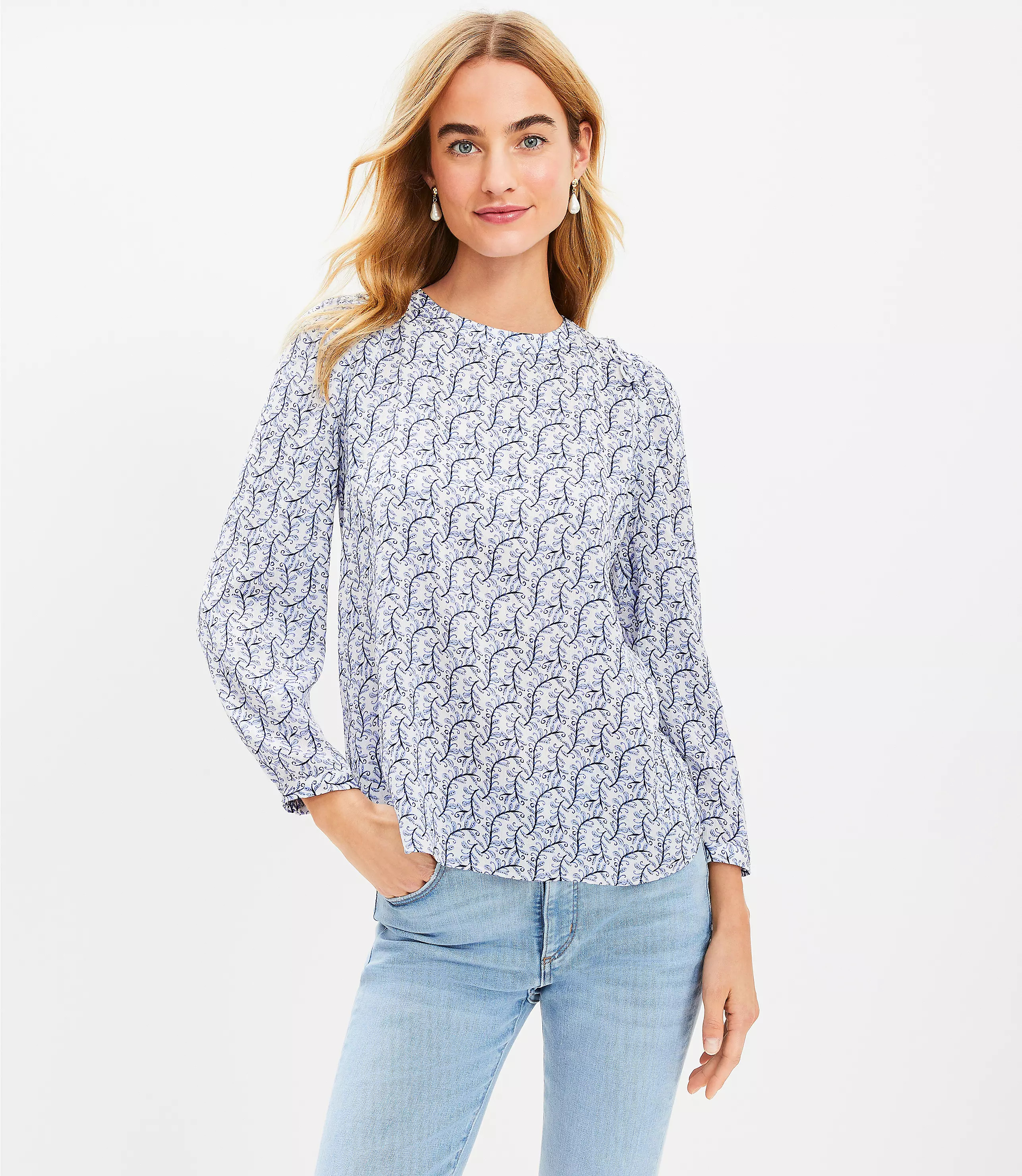 Leafed Satin Shoulder Ruffle Blouse | LOFT