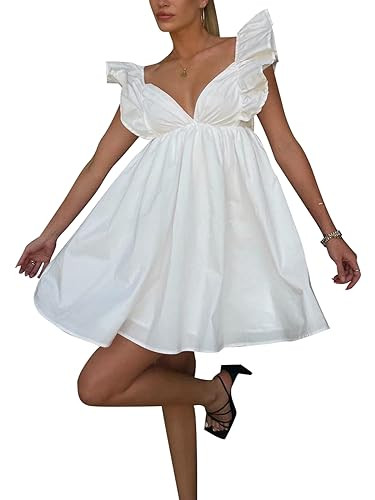 Zebaexf Women's Puff Sleev Dress V Neck Flowy Elegant Cocktail Evening Party Babydoll Mini Dresses White-XS | Amazon (US)