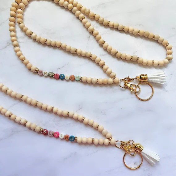 Personalized Name Teacher Lanyard, Wooden Heishi Bead Boho Coach lanyard Raw Wood Bead Lanyard Nu... | Etsy (US)