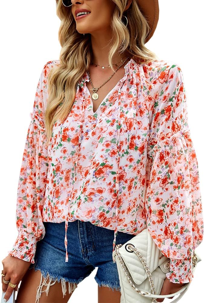 Angashion Womens Tops Casual Boho Floral Print V Neck Long Sleeve Blouses Loose Ruffle Shirts Tun... | Amazon (US)