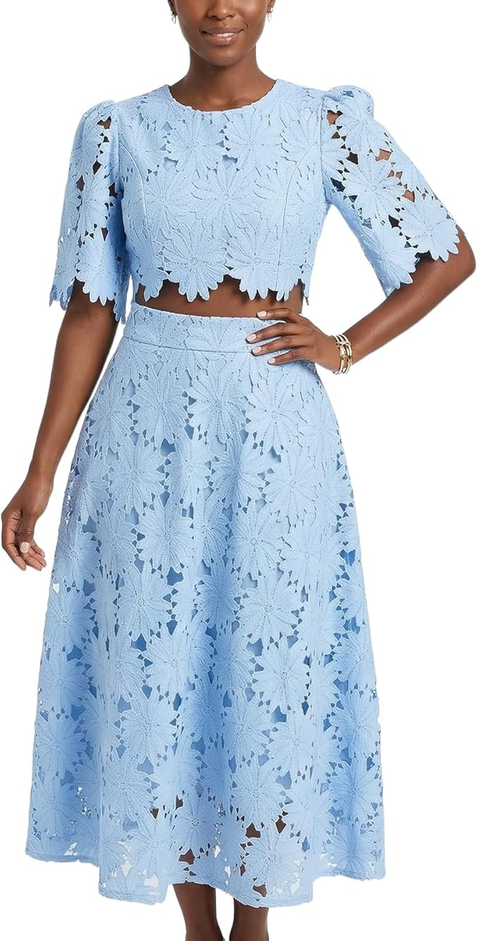 Lace Two Piece Outfits for Women Hollow Out Dressy Two Piece Sets Floral Eyelet Short Sleeve Crop... | Amazon (US)