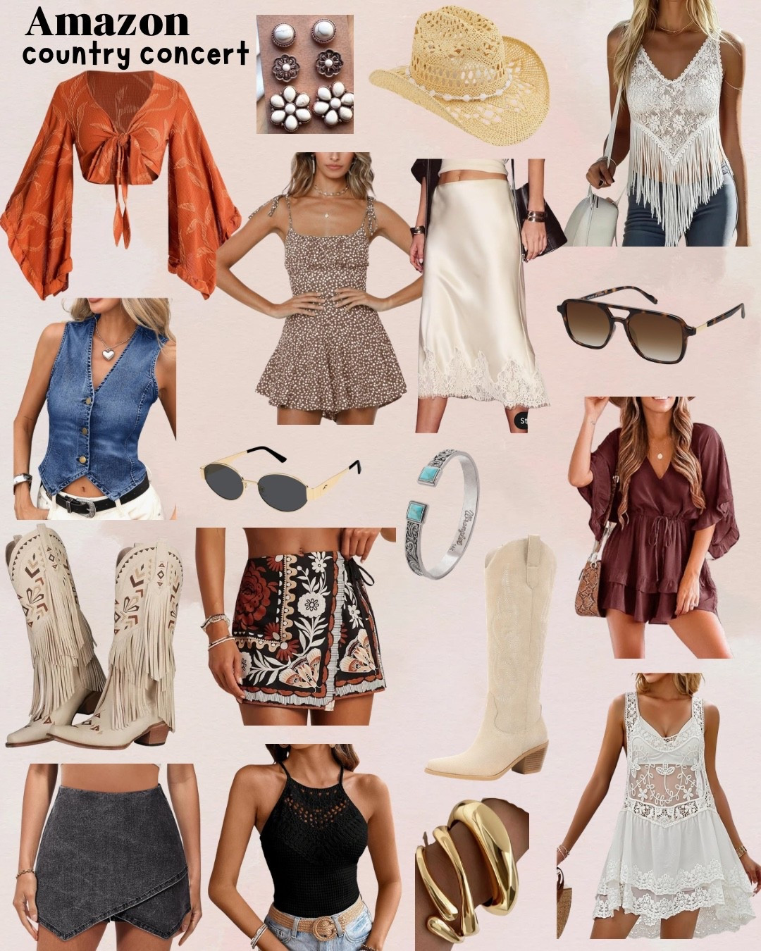 Country concert outfit. Summer country concert style. Cowboy boots. Western style. Summer concert. Summer lace. Romper. Mini skirt. Skirt. Amazon style. Nashville outfit

#LTKootd #LTKSeasonal #LTKTravel