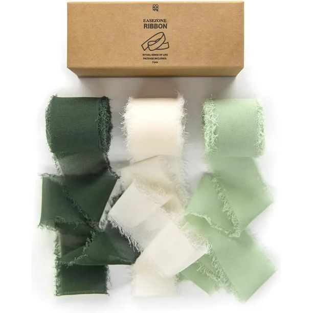 3 Rolls Handmade Fringe Chiffon Silk Ribbon Gauze 1.5" x 7Yd Cream & Green Ribbons Set for Weddin... | Walmart (US)