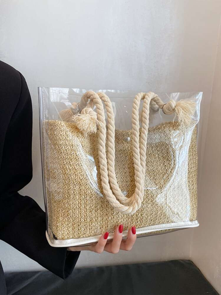 Clear Detail Snap Button Straw Bag | SHEIN