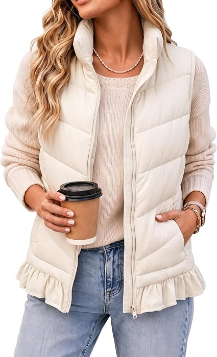 Womens Cropped Puffer Vest Ruffle Hem Quilted Padded Gilet | Amazon (US)