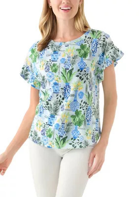 Crown & Ivy Women's Petite Flutter Sleeve Printed Top | Belk