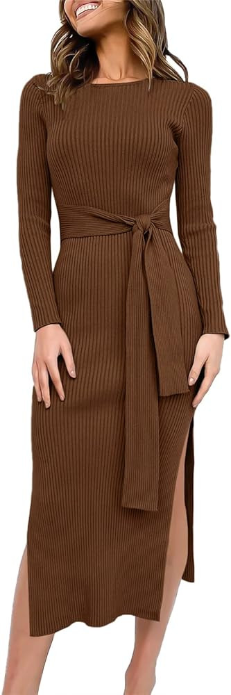 ANRABESS Womens Long Sleeve Sweater Dress Crew Neck Slim Fit Slit Tie Waist 2025 Ribbed Knit Body... | Amazon (US)